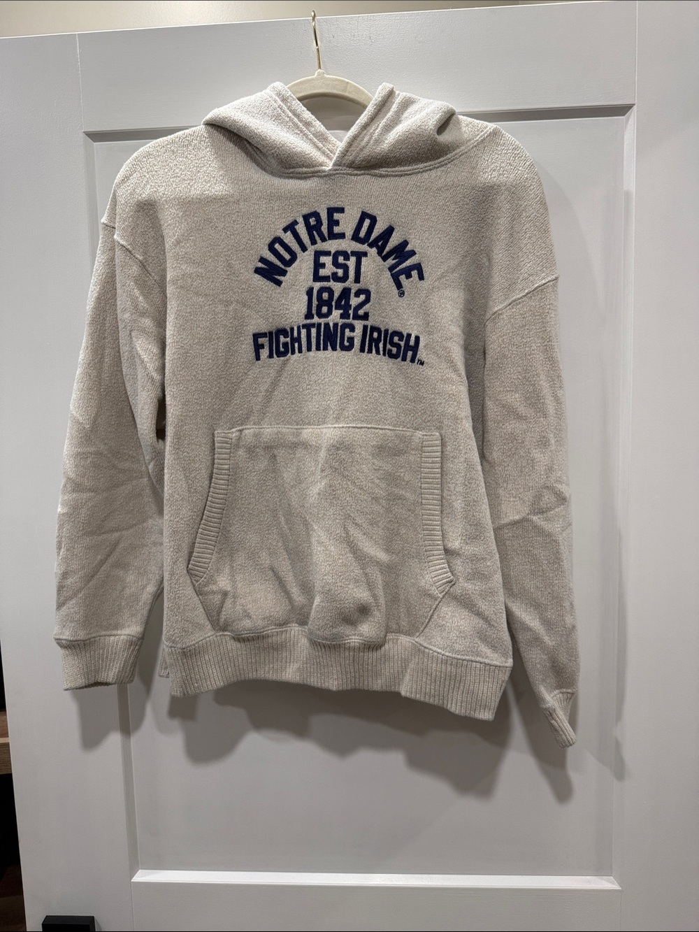 Notre Dame Cream Pullover Hoodie with Navy Collegiate Lettering